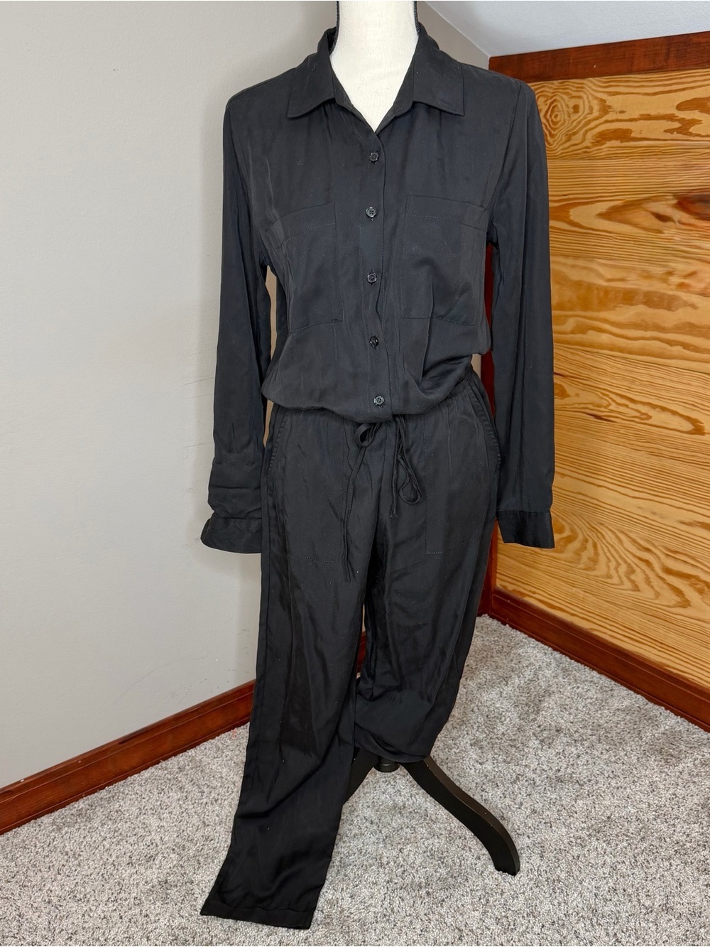 Peyton Jensen Evereve Hal Button Up Long Sleeve Utility Jumpsuit Black Small S